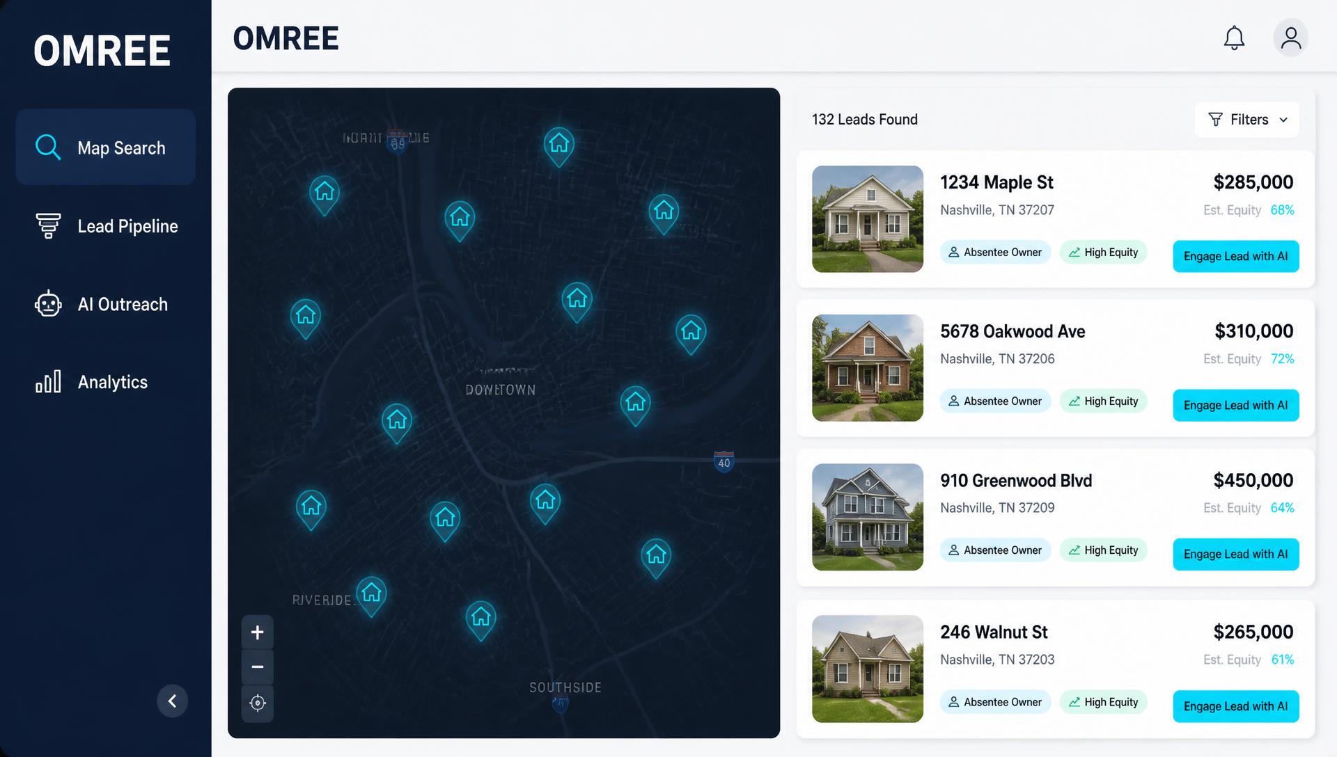OMREE dashboard showing the off-market map search with cyan property pins and lead cards